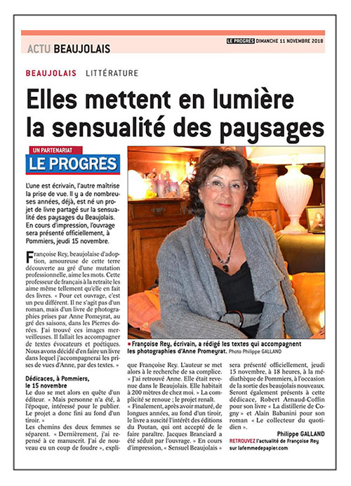 Sensuel Beaujolais: Françoise Rey & Anne Promeyrat. Le Progrès 11/11/18