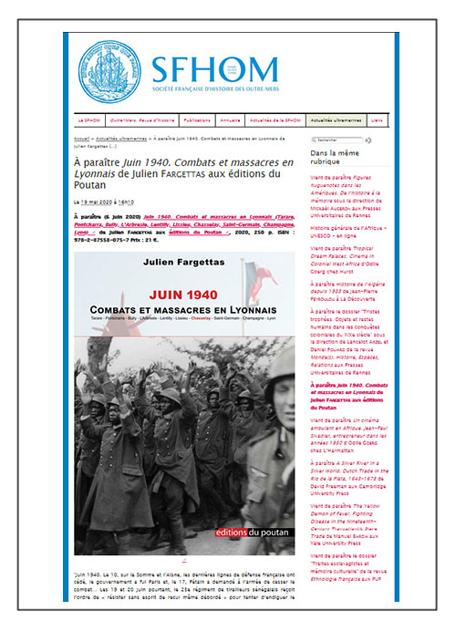 À paraître: Juin 1940. Combats et massacres en Lyonnais de Julien Fargettas - SFHOM 19/05/2020