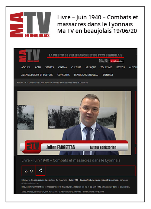 Livre - Juin 1940 - Combats et massacres dans le Lyonnais - Ma TV en Beaujolais - 19/06/20