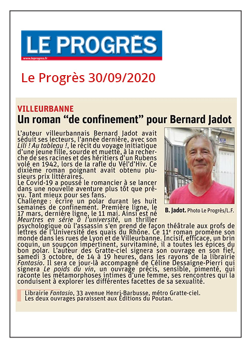 Un roman “de confinement” pour Bernard Jadot - Le Progrès 30/09/2020
