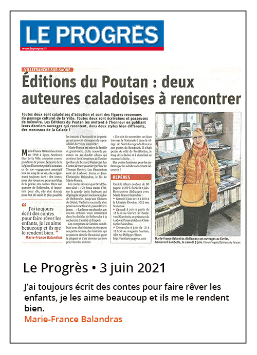 Éditions du Poutan - Rencontre avec Marie-France Balandras - Le Progrès 03/06/2021